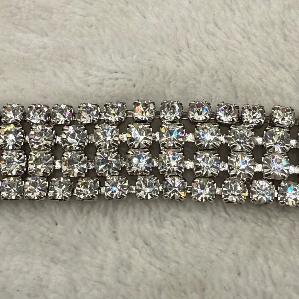 Vintage Rhinestone Bracelet Silver Tone Four Row Wide Clear Crystal 7in